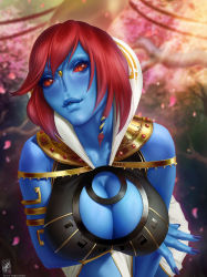 Rule 34 | alien, blue skin, cleavage cutout, clothing cutout, colored skin, highres, looking at viewer, red hair, revealing clothes, t&#039;au, themaestronoob, warhammer 40k