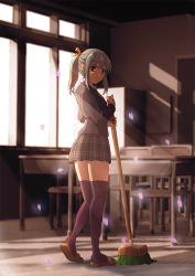 Rule 34 | 1girl, blazer, broom, classroom, cleaning, desk, falling petals, fogmisthaze, from behind, green eyes, hair ribbon, holding, holding broom, indoors, jacket, light rays, long hair, looking at viewer, looking back, original, petals, plaid, plaid skirt, pleated skirt, ponytail, ribbon, school, school uniform, skirt, slippers, smile, solo, thighhighs