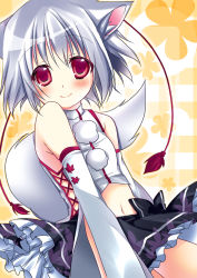 Rule 34 | 1girl, animal ears, bare shoulders, detached sleeves, female focus, hikanyan, inubashiri momiji, looking at viewer, navel, red eyes, skirt, smile, solo, tail, touhou, white hair, wolf ears, wolf tail