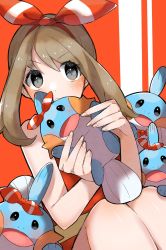 Rule 34 | 1girl, bare arms, belt, blush, bow hairband, brown hair, closed mouth, commentary request, creatures (company), frown, game freak, gen 3 pokemon, grey eyes, hairband, highres, holding, holding pokemon, may (pokemon), mudkip, nintendo, orange background, pokemon, pokemon (creature), pokemon oras, shiny skin, shirt, sleeveless, sleeveless shirt, ume (ume 445), yellow belt