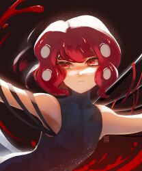 Rule 34 | 1boy, commentary, english commentary, highres, male focus, medium hair, nintendo, octoling, octoling boy, octoling player character, outstretched arms, red background, red eyes, red hair, red theme, seatha, simple background, skin tight, smile, solo, splatoon (series), teeth, tentacle hair, thick eyebrows, upper body
