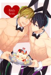 Rule 34 | 10s, 2boys, black hair, black jammers, black male swimwear, blue eyes, brown hair, cake, character name, detached collar, detached sleeves, food, free!, gesshi, green eyes, jammers, looking at viewer, male focus, male swimwear, multiple boys, muscular, nanase haruka (free!), one eye closed, open mouth, rabbit ears, short hair, simple background, standing, swimsuit, tachibana makoto, topless male, tray, wink