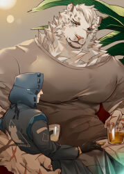 Rule 34 | 2boys, animal ears, arknights, bara, couple, cup, doctor (arknights), furry, furry male, furry with non-furry, hinokumo f, holding, holding cup, hood, hood up, interspecies, large pectorals, looking at another, male focus, mountain (arknights), multiple boys, muscular, muscular male, pectorals, scar, scar across eye, scar on face, shirt, short hair, sitting, sitting on lap, sitting on person, size difference, smile, tiger boy, tiger ears, tight clothes, tight shirt, white fur, yaoi