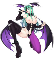 Rule 34 | 1girl, :d, aqua hair, ass, bare shoulders, bdsm, blue eyes, bondage outfit, boots, breasts, breasts out, choker, commentary request, demon girl, demon wings, detached sleeves, dominatrix, eyepatch, fang, female focus, head wings, high heels, highres, holding, holding whip, kneeling, long hair, looking at viewer, morrigan aensland, navel, nipples, open mouth, pantyhose, photoshop (medium), purple thighhighs, revealing clothes, simple background, smile, solo, teeth, tetsu (kimuchi), thigh boots, thighhighs, tongue, tongue out, vampire (game), whip, white background, wings