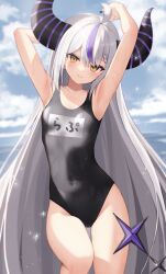 Rule 34 | 1girl, ahoge, armpits, arms up, beach, blush, breasts, covered navel, demon girl, demon horns, demon tail, grey hair, highres, hololive, horns, la+ darknesss, long hair, looking at viewer, multicolored hair, nail polish, one-piece swimsuit, purple hair, small breasts, solo, streaked hair, striped horns, swimsuit, tail, thomas 8000, translation request, two-tone hair, very long hair, virtual youtuber, wet, yellow eyes