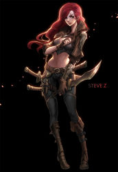 Rule 34 | 1girl, artist name, belt, black background, black pants, boots, breasts, brown footwear, brown gloves, brown nails, closed mouth, fingerless gloves, full body, gloves, green eyes, hair over one eye, highres, holding, holding sword, holding weapon, katarina (league of legends), knee boots, league of legends, long hair, looking at viewer, medium breasts, nail polish, navel, pants, red hair, scar, scar across eye, scar on face, solo, steve zheng, sword, weapon