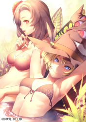 Rule 34 | 2girls, armpits, arms up, bikini, bikini top only, blonde hair, blue eyes, breasts, brown hair, butterfly wings, cave (developer), deathsmiles, flower, hair flower, hair ornament, hat, insect wings, kunieda, mole, multiple girls, nail polish, red eyes, red nails, rosa (deathsmiles), sakura (deathsmiles), short hair, smile, swimsuit, water, wings, witch hat