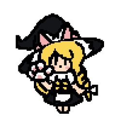 Rule 34 | 1girl, animal hands, animated, animated gif, apron, black hat, black skirt, blonde hair, blush stickers, commentary, english commentary, fds ty, full body, gloves, hat, kirisame marisa, large hat, long hair, looking at viewer, lowres, paw gloves, pixel art, puffy short sleeves, puffy sleeves, shirt, short sleeves, simple background, skirt, solid oval eyes, solo, standing, touhou, very long hair, waist apron, white apron, white background, white shirt, witch hat