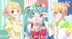 Rule 34 | 1boy, 2girls, aqua eyes, aqua hair, bad id, bad pixiv id, blonde hair, bow, bowtie, bracelet, character name, food, fruit, hat, hatsune miku, highres, jewelry, kagamine len, kagamine rin, midriff, multiple girls, one eye closed, open mouth, short hair, strawberry, striped, striped background, twintails, uutan, vertical stripes, vocaloid, wink