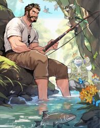 Rule 34 | 3boys, another eidos-r, ascot, bara, bart (another eidos), beard, belt, bird, boots, brown hair, brown pants, bug, bulge, butterfly, climbing tree, combat boots, facial hair, fish, fishing, fishing rod, flower, forest, furry, furry male, gloves, grey hair, hat, henley shirt, highres, holding, insect, looking afar, male focus, mature male, multicolored hair, multiple boys, muscular, muscular male, mushroom, nature, one eye closed, pants, patty (another eidos), pectorals, rock, shirt, sitting, sitting on rock, soaking feet, stream, suamaru, sunglasses, surprised, thick eyebrows, thorkell (another eidos), tree, two-tone hair, unworn eyewear, vest, white hair, white shirt, yellow flower