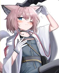 Rule 34 | 1girl, 1other, absurdres, animal ear fluff, animal ears, arknights, arm up, black pantyhose, blue dress, blue eyes, blush, breasts, brown hair, closed mouth, doctor (arknights), dress, flying sweatdrops, fox ears, fox girl, fox tail, gloves, hair between eyes, hand up, headpat, highres, jacket, one eye closed, open clothes, open jacket, out of frame, pantyhose, simple background, small breasts, solo focus, spam (spamham4506), sussurro (arknights), sweat, tail, white background, white gloves, white jacket