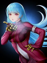 Rule 34 | 1girl, blue hair, bodysuit, breasts, chaps, gloves, highres, kula diamond, kurone rinka, long hair, looking at viewer, open mouth, red eyes, simple background, snk, solo, the king of fighters, the king of fighters 2000, very long hair