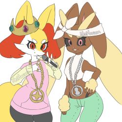 Rule 34 | 2girls, animal ear fluff, animal ears, artist name, bandana, bare shoulders, black panties, black sclera, bottomless, braixen, breasts, closed mouth, clothed pokemon, colored sclera, cosplay, cowboy shot, creatures (company), crop top, female focus, flat chest, fox ears, fox tail, furry, furry female, game freak, gen 4 pokemon, gen 6 pokemon, green pants, hand on own hip, hands up, happy, highleg, highleg panties, highres, holding, jewelry, jpeg artifacts, long sleeves, looking at viewer, lopunny, marina (splatoon), marina (splatoon) (cosplay), mezmaroon, microphone, midriff, multiple girls, \\n/, necklace, nintendo, panties, pants, parted lips, pearl (splatoon), pearl (splatoon) (cosplay), pink eyes, pink sweater, pokemon, rabbit ears, red eyes, ring, shirt, signature, simple background, sleeveless, sleeveless shirt, small breasts, smile, splatoon (series), splatoon 2, standing, sweater, tail, teeth, underwear, w, white background, white shirt