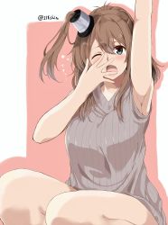 Rule 34 | 10s, 1girl, absurdres, amu (258shin), armpits, blue eyes, brown hair, hair between eyes, highres, kantai collection, long hair, looking at viewer, ponytail, ribbed sweater, saratoga (kancolle), side ponytail, sleeveless, solo, sweater, sweater vest, waking up, yawning