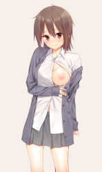 Rule 34 | 1girl, blush, breasts, brown eyes, brown hair, cardigan, commentary request, long sleeves, looking at viewer, matching hair/eyes, mikazuchi zeus, nipples, no bra, one breast out, open cardigan, open clothes, original, pleated skirt, school uniform, shirt, short hair, simple background, skirt, sleeves past wrists, smile, solo, unbuttoned, white shirt