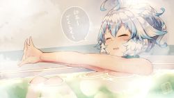 Rule 34 | 1girl, ahoge, animal ears, bath, bathtub, blue hair, breasts, commentary request, closed eyes, fang, kuromiya, large breasts, multicolored hair, nude, open mouth, original, partially submerged, shiromiya asuka, solo, speech bubble, steam, translation request, two-tone hair, water, white hair
