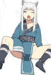 Rule 34 | 1girl, accio, ainu clothes, animal ears, bad id, bad pixiv id, cat ears, ku (accho), open mouth, original, sitting, sleeves past wrists, slit pupils, solo, spread legs, yawning