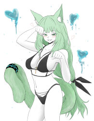 Rule 34 | 1girl, animal ear fluff, animal ears, arknights, bikini, black bikini, blue heart, blush, breasts, cat ears, cat girl, cat tail, cleavage, collarbone, colored skin, cowboy shot, dokonjou (odossan), green eyes, green hair, harmonie (arknights), highres, infection monitor (arknights), large breasts, long hair, looking at viewer, low-tied long hair, navel, necklace between breasts, simple background, solo, swimsuit, tail, tail ornament, tail ring, very long hair, white background, white skin