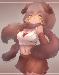 Rule 34 | 10s, 1girl, artist name, bare shoulders, bracelet, breasts, brown background, brown hair, cleavage, dark skin, dark-skinned female, earrings, facial mark, feathered wings, gloves, jewelry, kemono friends, long hair, looking at viewer, medium breasts, midriff, navel, north island giant moa (kemono friends), pleated skirt, ponytail, scarf, simple background, skirt, smile, solo, tatsuno newo, wings, yellow eyes