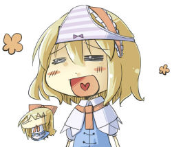 Rule 34 | 1girl, :d, = =, alice margatroid, arnest, blonde hair, blush stickers, bow, chibi, female focus, female pervert, hair bow, heart, heart in mouth, jpeg artifacts, object on head, open mouth, panties, panties on head, pervert, shanghai doll, short hair, simple background, smile, solo, touhou, underwear, white background, wide face