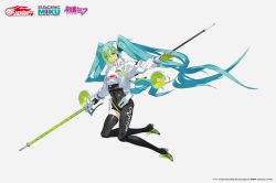 Rule 34 | 1girl, aqua eyes, aqua hair, artist name, asymmetrical bodysuit, black gloves, boots, character name, closed mouth, commentary, copyright name, copyright notice, crop top, flagpole, floating hair, gloves, goodsmile racing, green gloves, grey background, hair between eyes, hatsune miku, holding, holding pole, limited palette, long sleeves, looking at viewer, neco, official art, pole, racing miku, racing miku (2022), second-party source, see-through, simple background, single thigh boot, skin tight, skindentation, smile, solo, thigh boots, twintails, two-tone gloves, vocaloid