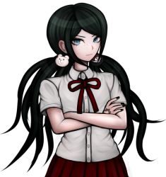 Rule 34 | 1girl, bear hair ornament, black hair, black nails, blouse, blue eyes, closed mouth, collared shirt, commentary, crossed arms, danganronpa: trigger happy havoc, danganronpa (series), dress shirt, english commentary, hair ornament, hand tattoo, ikusaba mukuro, jewelry, ktokei (kurokku-tokei), long hair, looking at viewer, low twintails, nail polish, neck ribbon, official style, pleated skirt, red ribbon, red skirt, ribbon, shirt, short sleeves, simple background, skirt, solo, swept bangs, tattoo, twintails, upper body, white background, white shirt