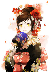 Rule 34 | 1girl, bad id, bad pixiv id, brown hair, hand fan, floral print, flower, hair flower, hair ornament, japanese clothes, khj, kimono, original, paper fan, petals, rose, smile, solo, uchiwa, yellow eyes