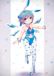 Rule 34 | 1girl, animal ears, bad id, bad pixiv id, bare shoulders, blue eyes, blue hair, blue leotard, cirno, detached collar, earrings, full body, grin, high heels, highres, ice, ice wings, jewelry, leotard, looking at viewer, matching hair/eyes, navel, outstretched arms, pantyhose, playboy bunny, polka dot, polka dot legwear, pyonsuke (pyon2 mfg), rabbit ears, short hair, smile, solo, standing, standing on one leg, teeth, touhou, white pantyhose, wings, wrist cuffs