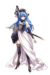 Rule 34 | 1girl, blue hair, detached sleeves, dress, espgarude, espgarude (spectral force), full body, garter straps, high heels, highres, hirano katsuyuki, long hair, long skirt, shoes, simple background, skirt, solo, spectral (series), spectral force genesis, standing, sword, thighhighs, weapon, white background, white skirt