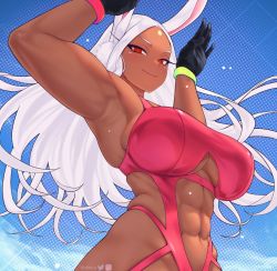 Rule 34 | 1girl, abs, animal ears, armpits, artist name, bare shoulders, black gloves, boku no hero academia, breasts, cleavage cutout, clothing cutout, dark-skinned female, dark skin, floating hair, gabriel carrasquillo, gloves, green wristband, instagram logo, large breasts, long eyelashes, long hair, looking at viewer, mirko, muscular, muscular female, navel, one-piece swimsuit, parted bangs, pink one-piece swimsuit, pink wristband, polka dot, polka dot background, rabbit ears, rabbit girl, rabbit pose, red eyes, skindentation, smile, solo, stomach cutout, swimsuit, twitter logo, twitter username, upper body, very long hair, white hair