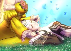 Rule 34 | 2girls, black choker, black dress, black tiara, blonde hair, breasts, bug, butterfly, choker, cleavage, closed eyes, dragon, dress, eir (fire emblem), fire emblem, fire emblem heroes, flower, frilled sleeves, frills, grass, highres, holding hands, insect, long hair, long sleeves, medium breasts, multiple girls, nintendo, ovbm art, playing with another&#039;s hair, princess, red nails, sidelocks, sleeping, sleeping on person, solo focus, tiara, white dress, white hair, yellow dress, ymir (fire emblem heroes)