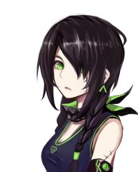 Rule 34 | 1girl, bare shoulders, black hair, braid, breasts, chengche zhi bing, cleavage, elbow gloves, from side, girls&#039; frontline, gloves, green eyes, green ribbon, hair over one eye, hair ribbon, long hair, looking at viewer, mac-10 (girls&#039; frontline), medium breasts, midriff, open mouth, ribbon, scar, shoes, shorts, sidelocks, skull print, solo, stitches, tank top, twin braids, upper body, white background