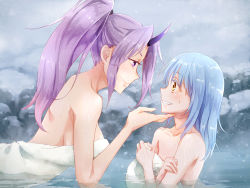 Rule 34 | 1girl, 1other, androgynous, bath, black horns, black horns, blue hair, breasts, chocofox, collarbone, eye contact, face-to-face, from side, grabbing another&#039;s chin, grin, hand on another&#039;s chin, horn, horns, large breasts, long hair, looking at another, naked towel, nervous smile, oni, oni girl, oni horn, oni horns, onsen, outdoors, partially submerged, ponytail, profile, purple eyes, purple hair, rimuru tempest, shion (tensei shitara slime datta ken), sideboob, single horn, smile, snow, snowing, tareme, teeth, tensei shitara slime datta ken, towel, water, white towel, yellow eyes