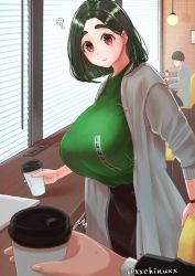 Rule 34 | 1girl, :&gt;, ?, window blinds, breasts, chinushiroya, coat, coffee cup, cup, dark green hair, disposable cup, earrings, green shirt, highres, holding, holding cup, huge breasts, jewelry, long sleeves, orange eyes, original, price tag, shirt, shirt tucked in, short hair, skirt, smile, thick eyebrows, twitter username