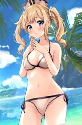 Rule 34 | 1girl, barbara (genshin impact), bare arms, bare shoulders, bikini, blonde hair, blue eyes, breasts, cleavage, collarbone, commentary, cowboy shot, day, genshin impact, gluteal fold, halterneck, haru (re ilust), hat, highres, long hair, looking at viewer, medium breasts, navel, outdoors, own hands together, parted lips, side-tie bikini bottom, sidelocks, solo, steepled fingers, stomach, string bikini, swimsuit, thighs, twintails, wet, white bikini