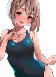 Rule 34 | 1girl, :d, azumake (azumakei), blush, breasts, brown hair, cleavage, commentary request, covered navel, doodle, hair ornament, hairclip, head tilt, highres, long hair, looking at viewer, open mouth, original, red eyes, smile, swimsuit, white background