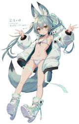 Rule 34 | 1girl, animal ear fluff, animal ears, aqua hair, armpits, bare legs, bare shoulders, bikini, boots, breasts, closed mouth, collarbone, double v, ear tag, fox ears, fox girl, fox tail, front-tie bikini top, front-tie top, full body, glowing tattoo, green eyes, groin, hair between eyes, halterneck, hands up, high heel boots, high heels, highres, hood, hood down, hooded jacket, iwashimizu (vrchat), jacket, long hair, long sleeves, looking at viewer, lowleg, lowleg bikini, navel, no socks, off shoulder, open clothes, open jacket, oversized clothes, pubic tattoo, puffy sleeves, shoes, simple background, small breasts, smile, solo, stomach, string bikini, swimsuit, tail, tattoo, thighs, twintails, v, vrchat, white background, white bikini, white footwear, white jacket, yu-ri (arium047)