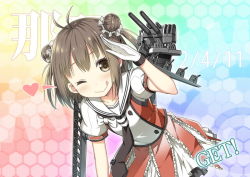 Rule 34 | 10s, 1girl, 2 fuel 4 ammo 11 steel, ;q, antenna hair, brown eyes, brown hair, double bun, get, gloves, heart, honeycomb (pattern), honeycomb background, kantai collection, leaning forward, naka (kancolle), one eye closed, personification, salute, short hair, sky-freedom, solo, tongue, tongue out, wink