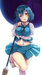 Rule 34 | 1girl, adapted costume, bare legs, blue eyes, blue hair, blue skirt, breast hold, breasts, commentary request, ebi 193, hair between eyes, head tilt, heterochromia, holding, holding umbrella, juliet sleeves, large breasts, long sleeves, looking at viewer, midriff, miniskirt, navel, open mouth, puffy sleeves, red eyes, sandals, skirt, smile, solo, standing, standing on one leg, tatara kogasa, touhou, umbrella