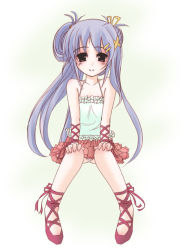Rule 34 | 00s, 1girl, alternate hairstyle, bare shoulders, blue hair, camisole, collarbone, frapowa, hair ornament, looking at viewer, lyrical nanoha, mahou shoujo lyrical nanoha, mahou shoujo lyrical nanoha strikers, miniskirt, red skirt, reinforce zwei, simple background, skirt, solo, spaghetti strap, white background, x hair ornament