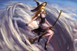 Rule 34 | 1girl, above clouds, apron, bad id, bad pixiv id, black footwear, black skirt, black vest, blonde hair, blue sky, bow, braid, breasts, broom, broom riding, chen feng si, cloud, cloudy sky, collared shirt, day, flying, frilled apron, frilled skirt, frills, hair bow, hat, hat bow, highres, kirisame marisa, long hair, long skirt, medium breasts, mini-hakkero, open mouth, puffy short sleeves, puffy sleeves, shirt, shoes, short sleeves, single braid, skirt, sky, smile, socks, solo, sunlight, teeth, tongue, touhou, vest, white shirt, white socks, witch hat, yellow eyes