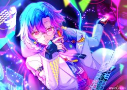 Rule 34 | 1boy, beatmania, beatmania iidx, black gloves, blue hair, braid, coat, commentary, dr. phi, fingerless gloves, glasses, gloves, grin, hair between eyes, highres, holding, holding phone, holographic keyboard, lab coat, long bangs, long hair, looking at viewer, male focus, midori (sp-khl-t-ya-27), nail polish, open clothes, open coat, phone, pink eyes, purple shirt, rimless eyewear, round eyewear, shirt, single braid, smile, solo, symbol-only commentary, upper body, white coat