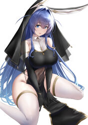 Rule 34 | 1girl, :p, absurdres, alternate costume, animal ear headwear, animal ears, azur lane, bare shoulders, between legs, black dress, black gloves, blue eyes, blue hair, breasts, commentary, covered collarbone, covered navel, dress, elbow gloves, fake animal ears, gloves, habit, hair between eyes, hair intakes, hand between legs, highres, irkawaza, large breasts, long hair, looking at viewer, new jersey (azur lane), nun, pelvic curtain, rabbit ears, see-through, sidelocks, simple background, sitting, skindentation, sleeveless, sleeveless dress, smile, solo, thighhighs, tongue, tongue out, veil, very long hair, wariza, white background, white thighhighs