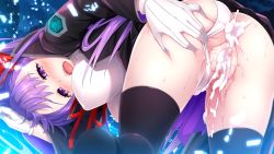 Rule 34 | 1girl, aftersex, bb (fate), bb (fate/extra), bent over, black thighhighs, blush, breasts, cape, clothing aside, covered erect nipples, cum, cum in ass, cum in pussy, fate/extra, fate/extra ccc, fate/grand order, fate (series), game cg, gloves, large breasts, looking at viewer, open mouth, panties, panties aside, purple hair, solo, st.germain-sal, sweat, thighhighs, underwear, white panties, youta