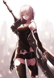 Rule 34 | 1girl, absurdres, alternate hair length, alternate hairstyle, android, arm at side, armlet, bare shoulders, black gloves, black shorts, black thighhighs, blue eyes, breasts, broadsword, chain, closed mouth, collarbone, commentary, cowboy shot, elbow gloves, eyelashes, gloves, greatsword, hair between eyes, hair over eyes, highres, holding, holding sword, holding weapon, huge weapon, joints, legs apart, light particles, lips, long hair, looking at viewer, medium breasts, mole, mole under mouth, nier:automata, nier (series), nose, peulopi, pink lips, robot joints, short shorts, shorts, sleeveless, solo, standing, sword, tank top, tassel, thighhighs, weapon, weapon on back, white hair, a2 (nier:automata)