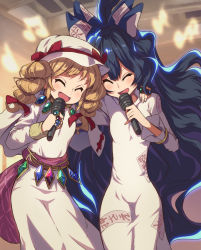 Rule 34 | 2girls, bangle, blue bow, blue hair, bow, bracelet, closed eyes, dress, drill hair, hair between eyes, hair bow, hat, highres, holding, holding microphone, jewelry, keffiyeh, light brown hair, long hair, long sleeves, microphone, multiple girls, music, open mouth, ring, siblings, singing, sisters, smile, syope, touhou, sunken fossil world, twin drills, white dress, white headwear, yorigami jo&#039;on, yorigami shion