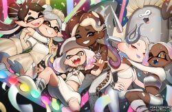 6+girls big_man_(splatoon) callie_(splatoon) crown dark-skinned_female dark_skin fangs frye_(splatoon) hug jewelry looking_at_viewer marie_(splatoon) marina_(splatoon) multiple_girls nintendo official_alternate_costume pearl_(splatoon) pokey shiver_(splatoon) splatoon_(series) splatoon_3 tongue tongue_out