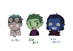 Rule 34 | 3boys, arknights, beast boy (dc), blue hair, blue skin, blush, buchi0122, chameleon boy, character name, chibi, colored skin, commentary request, dc comics, ear piercing, ethan (arknights), facial hair, fang, goatee, goggles, goggles on head, green eyes, green hair, green skin, grey eyes, grey jacket, highres, jacket, looking at viewer, looking to the side, male focus, marvel, multiple boys, nightcrawler, open mouth, oversized zipper, piercing, pointy ears, smile, teen titans, translated, upper body, white background, x-men, yellow eyes