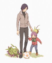 Rule 34 | ball, digimon, digimon (creature), father and son, happy, highres, ichijouji ken, minomon, scarf, short hair, smile, soccer ball, wormmon