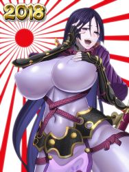 Rule 34 | 1girl, armor, black gloves, bodysuit, breasts, covered erect nipples, covered navel, cowboy shot, curvy, fate/grand order, fate (series), fingerless gloves, from below, gloves, hand in own hair, hand on own chest, huge breasts, japanese armor, loincloth, long hair, minami koyogi, minamoto no raikou (fate), open mouth, parted bangs, purple bodysuit, purple eyes, purple hair, ribbed sleeves, rope, solo, tabard, very long hair, wide hips